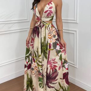 Printed Backless Slit Maxi Dress